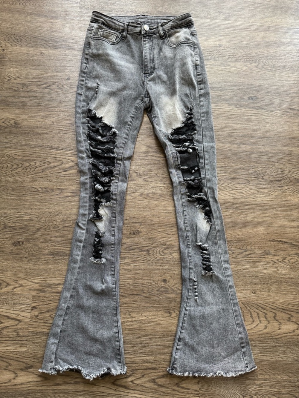 Shein Black Acid Wash Distressed Flare Jeans High Waist Raw Hem Y2K S